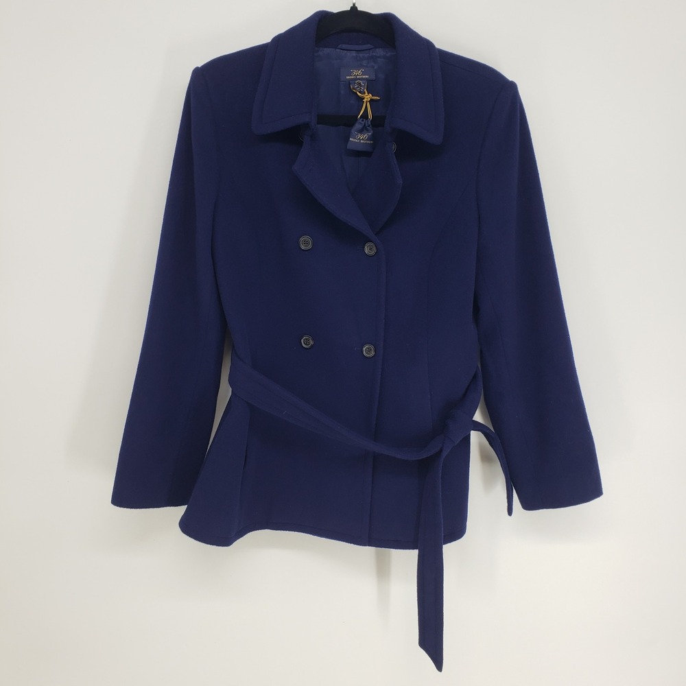 Brooks Brothers Wool Cashmere Peacoat Women 12 Navy Blue Belted Double Breasted